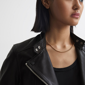 Chaqueta de Motociclista de Cuero Genuino para Mujer, Color Sólido, Cuello Redondo, Cierre de Cremallera, Manga Larga, Estilo Otoñal - Product Image 5