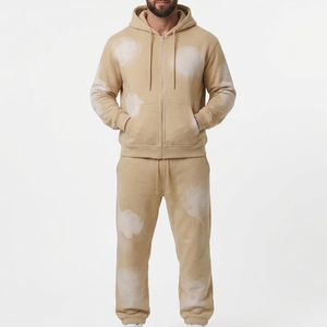 Nouvel ensemble de survêtement pour homme beige tie-dye avec capuche, manches longues, fermeture éclair frontale, pantalon décontracté avec poches latérales, idéal pour l'automne - Product Image 1