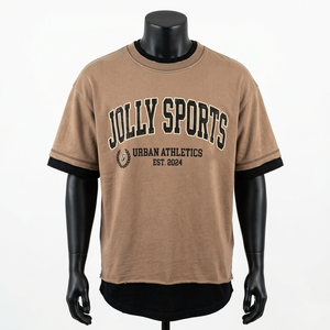 Camiseta Transpirable de Algodón 220 GSM para Hombre, Color Marrón, con Capa de Contraste, Impresión de Pantalla, Logotipo Personalizado, Camiseta de Doble Manga - Product Image 3