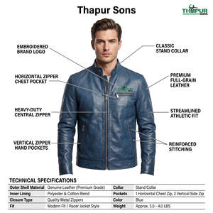 Veste en cuir bleue pour homme avec fermeture éclair sur le devant, col montant, manches longues, coupe ajustée, style décontracté pour l'hiver - Product Image 5
