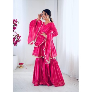 Elegante Conjunto Étnico Indio de Última Moda para Mujer, Traje de Boda Mal Chanderi Listo para Usar, Kurta Sharara Dupatta de Diseñador - Product Image 1