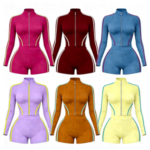 2026 Custom Women's Sports Suit Manufacturer Color-blocked Sport Jacket and Shorts Summer Two-Piece Fitness Yoga Outfit - Product Image 6