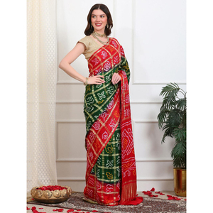 Sari de Seda Pura Ghatchola Bandhani, Sari Tradicional de Boda Gujarati y Rajasthani con Cuadros Zari - Product Image 1