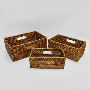 Natural Rattan Eco-Friendly <b>Storage</b> <b>Baskets</b> Set of 3 <b>Rectangle</b> Woven Organizer Handles Modern Multi-Purpose Neatening <b>Basket</b> - Product Image 1