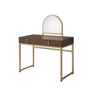 Coleen Walnut and Gold Finish <b>Makeup</b> <b>Vanity</b> Desk with Mirror and Jewelry Tray - Product Image 2