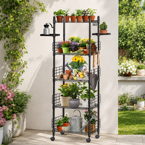Estante de Metal Negro para Plantas de Jardín con Ruedas y Estantes para Almacenamiento de Macetas en Patio, Soporte de Exhibición para Uso en Exteriores - Product Image 3