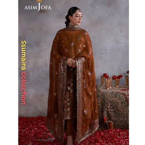 Ssumaira présente : Robe Salwar Kameez formelle 3 pièces en mousseline brodée Asim Jofa, couleur moutarde, infroissable, pour les fêtes de l'Aïd et du Diwali - Product Image 4