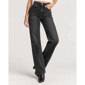 Jean en denim taille haute sculpté à double courbure pour femme - Noir délavé - Product Image 4