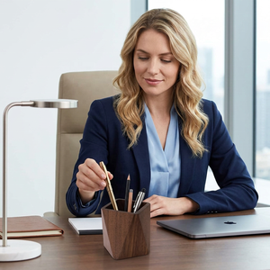 Porte-stylo en bois écologique, design géométrique carré, finition naturelle, organisateur de bureau pour une utilisation sur le bureau, collection artisanale - Product Image 1