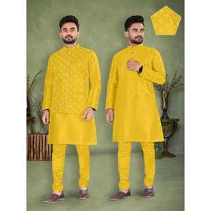 VÊTEMENTS DE CRÉATION POUR HOMMES PAYJAMA KURTA AVEC KOTI JAUNE - Product Image 1