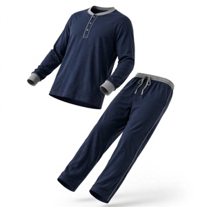 Ensemble de pyjama pour homme en bleu foncé à manches longues avec bordure grise, tricot doux 100% coton, vêtements décontractés pour l'automne - Product Image 5