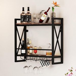 Moderno Estante de Vino de Madera Maciza para Montar en la Pared con 2 Niveles y 3 Soportes para Copas, para Exhibición en el Comedor - Product Image 1