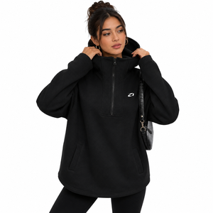 Sudaderas con cremallera de un cuarto negras para mujer, estilo streetwear, de algodón polar, corte holgado, cuello alto, hombros caídos, marca privada, pedido al por mayor - Product Image 1