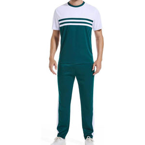 Prix de gros OEM Ensemble de survêtement pour homme en polyester extensible, colorblock à double rayure, avec t-shirt à manches courtes et pantalon de jogging - Product Image 3