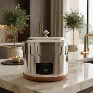 Plat à chafing cylindrique Royal Gold avec motif en arc et base en bois, chauffe-plats de luxe en acier inoxydable pour banquets du Moyen-Orient - Product Image 4