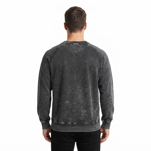 Mens <b>Black</b> Acid Wash Crewneck <b>Sweatshirt</b> With Text Print Casual Streetwear Pullover Top - Product Image 2