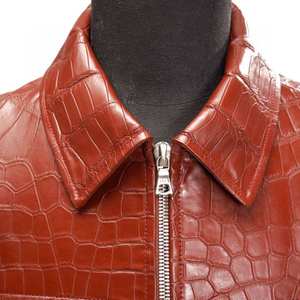 Blouson moto homme en cuir véritable marron gaufré, respirant et écologique, style motard, fermeture éclair, col rabattable - Product Image 5