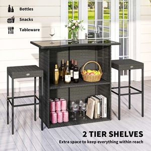 Set da Bar in Rattan a 5 Pezzi con Tavolo Alto e 4 Sgabelli con 2 Ripiani, Colore Grigio, per Esterni e Patio - Product Image 3