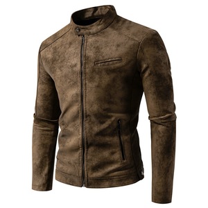 Chaqueta de Moto para Hombre, de Cuero Sintético PU Color Marrón, Resistente al Viento, Cuello Redondo, Cierre de Cremallera, Corte Ajustado, Estilo Invernal, Manga Regular, Detalle Frontal de Piel Sintética - Product Image 2