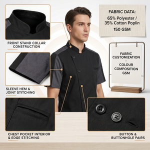 เสื้อเชฟแขนสั้นแบบยูนิเซ็กซ์ ผ้าโพลีคอตตอนป๊อปลิน 150 GSM ตัดต่อผ้าสีตัดกัน รับสกรีนโลโก้ ชุดยูนิฟอร์มร้านอาหาร - Product Image 4