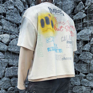 เสื้อยืดผู้ชายฤดูร้อนสไตล์วินเทจทำสีซีดแบบดิสเทรส ผ้าฝ้าย 100% เนื้อหนา พิมพ์ลายกราฟิกตามสั่ง เสื้อยืดแขนสั้นผู้ชายประดับเพชร - Product Image 4