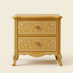 Handcrafted Bone Inlay <b>Yellow</b> Nightstand 2 Drawer Floral Handmade <b>Bedside</b> Cabinet Luxury Unique <b>bedside</b> <b>Table</b> - Product Image 1