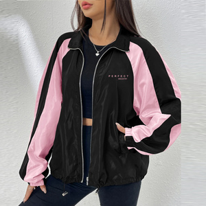 Chaqueta Cortavientos PERFECT INDUSTRY para Mujer, Invierno, Bloques de Color Negro y Rosa, Hombros Caídos, Cierre de Cremallera, 100% Poliéster - Product Image 1