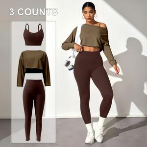 2 Piece Yoga Set Solid Color Scoop Neck Full Sleeve Crop Top High Waist <b>Leggings</b> Spandex/Nylon Breathable Plus Size Quick Front - Product Image 4
