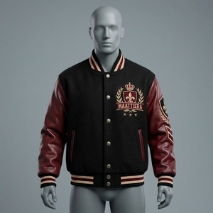 Men Black <b>Burgundy</b> <b>Leather</b> Sleeve <b>Jacket</b> Custom Crown Crest Embroidery Streetwear Snap Button Bomber - Product Image 3