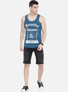 Camiseta sin mangas azul para hombre, con estampado informal, cuello redondo, transpirable, de algodón. - Product Image 3