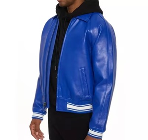 Chaqueta Bomber Azul de PU para Hombre, Cuello Camisero, Cierre de Cremallera, Estilo Casual, Ropa de Otoño - Product Image 3