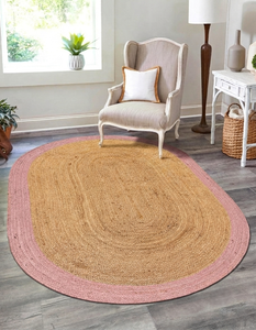Decorative Handwoven Natural Jute Oval Rug With <b>Pink</b> Border Reversible <b>Braided</b> Carpet For Farmhouse Living Room Bedroom Nursery - Product Image 1