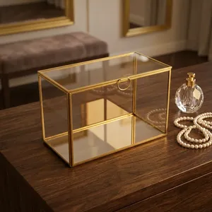 ARTISAN DESIGN Luxury Glass & <b>Mirror</b> Display Box Brass Metal Frame Rectangle Jewelry <b>Storage</b> Organizer Decorative Keepsake Box - Product Image 4