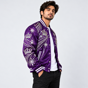 Chaqueta Varsity de Satén con Pedrería de Lujo, Elegante Chaqueta Bomber con Cristales y Estrellas, con Dobladillo Acanalado, para Moda Urbana y Fiestas - Product Image 3