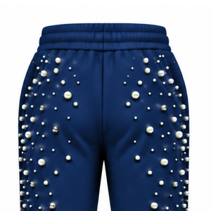 Navy Blue Pearl Beaded Jogger Pants Women Luxury Embellished Drawstring Sweatpants Casual Streetwear Fleece <b>Trousers</b> <b>With</b> <b>Pocket</b> - Product Image 4