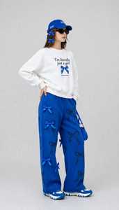 Oneten Women's White Crew Neck <b>Sweatshirt</b> Blue Bow Print Elastic Waist Wide Leg Split Hem Polyester Blend Casual Tracksuit Set - Product Image 2
