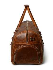Men Casual Luxury Sport Distressed Brown Genuine Leather Duffle <b>Bag</b> Large <b>Overnight</b> Weekend Travel Satchel Zipper Polyester - Product Image 5