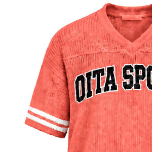 Maillot de sport rayé à col en V tricoté sur mesure rouge corail, à manches courtes, respirant, coupe oversize, décontracté, pour équipe sportive - Product Image 6