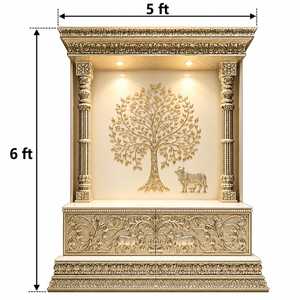 Handmade <b>Marble</b> Pooja Mandir 56 Ft Premium Hindu Temple Home Shrine Intricate Carved Pillars Gold Antique Finish <b>Tree</b> Wall - Product Image 3