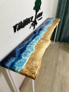 Table console en bois massif avec bord naturel, résine époxy effet vague océanique, faite à la main, mobilier d'entrée côtier, écologique, durable, moderne, de luxe, style rivière - Product Image 2