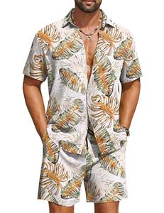 Conjunto de Camisa de Manga Corta con Botones y Pantalones Cortos a Juego con Estampado de Hojas Tropicales para Hombre, Atuendo Ligero Informal de Playa para Verano - Product Image 1