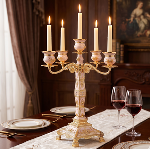 Candelabro de metal color oro rosa de lujo con 5 brazos metálicos, centro de mesa para festividades, a precio de mayoreo. - Product Image 2