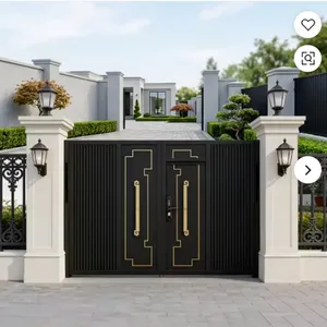 Luxury Black Metal Double <b>Swing</b> Entrance Gate Gold Geometric Design Vertical Slats Modern Security Handles Heat Treated Powder - Product Image 4
