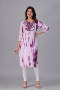 Women Purple Tie Dye Printed <b>Kurti</b> with , 3/4 Sleeves Embroidery Casual Ethnic Wear Straight Kurta for Daily Wear . - Product Image 2