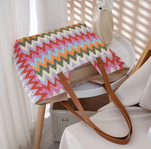 Natural yarn bag Colorful Zig Zag Woven Tote Bag Stylish Handmade Shoulder Bag for Women Summer <b>Beach</b> <b>Accessory</b> Wholesale - Product Image 3