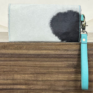 Premium Quality Luxury Turquoise & White Checkered Hair on Genuine Leather Women Clutch Card & Cash Holder Daily Use <b>Wallet</b> - Product Image 5