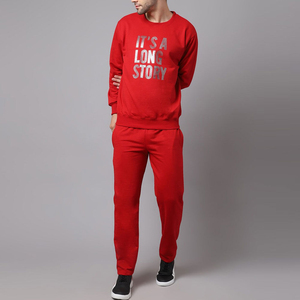 Ensemble de sweat-shirt à col rond rouge pour homme, pantalon de jogging en molleton uni, 2 pièces, vêtements d'automne, logo imprimé, style décontracté - Product Image 1