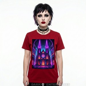 T-shirt personnalisé pour femme, motif néon gothique cyberpunk synthwave, art religieux, en coton rouge, fabricant de vêtements - Product Image 1
