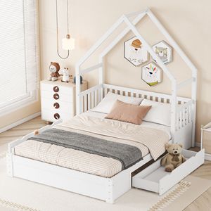 Letto a piattaforma in legno bianco queen size con sponda di sicurezza e 2 cassetti per la cameretta dei bambini - Product Image 1