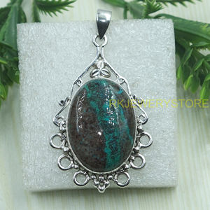 Pendentif en chrysocolle naturelle, argent sterling 925, fait main, forme ovale vintage, design filigrané, bijoux pour femme, cadeau pour elle - Product Image 3